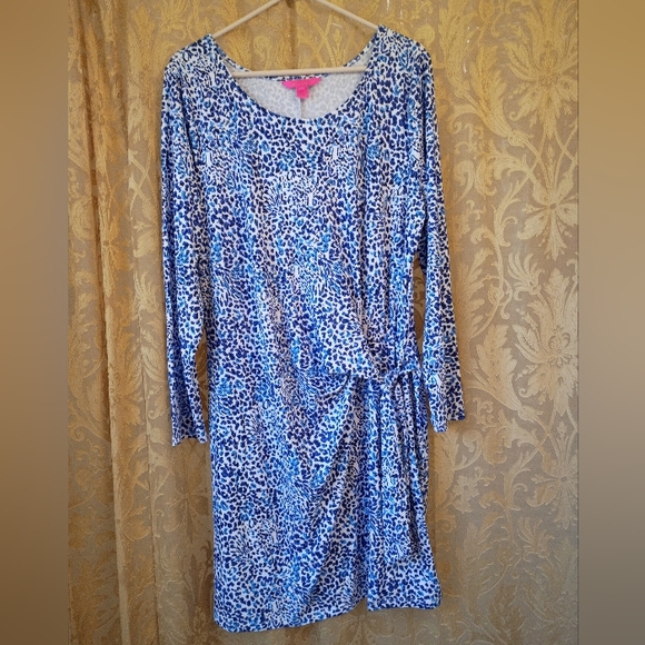 NWOT Lilly Pulitzer  Bryson Long Sleeve Blue and White Leopard Print Dress - Picture 2 of 14